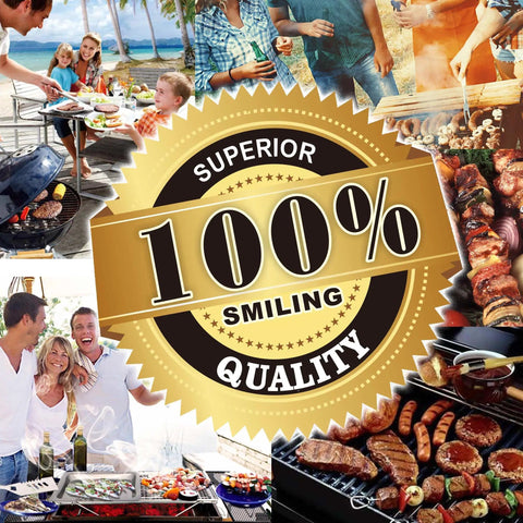 Collage of family grilling, BBQ skewers, 100% superior smiling quality seal, Complete 19-Piece BBQ Grill Utensil Set With Stainless Steel Tools