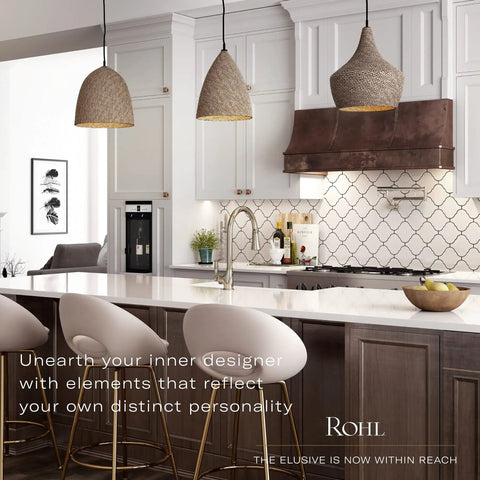 Modern kitchen interior with pendant lights, brown and white cabinetry, and a central island with seating.