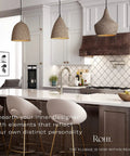 Modern kitchen with island, pendant lights, bar stools, white cabinets, and tiled backsplash in a contemporary setting.
