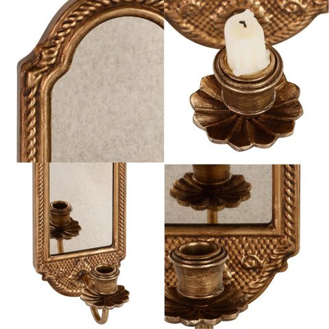 Vintage Gold Wall Mounted Candle Sconce With Mirrored Backplate And Floral 3D Woven Texture For Bathroom Or Living Room close-up view with candle holder.