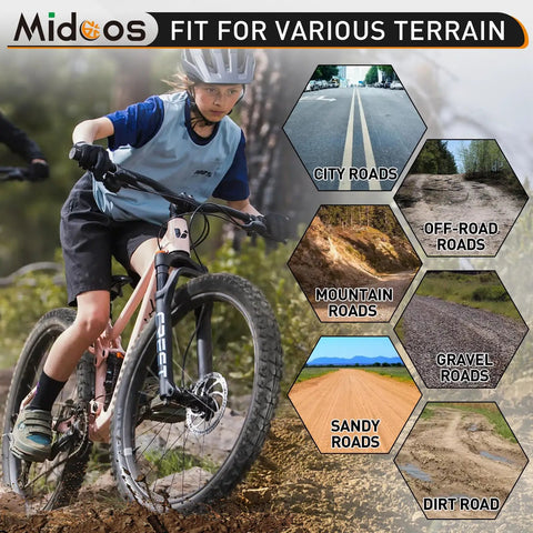 Mountain biker on trail, featuring Folding 20x2.125 Mountain Bike Tires Pack with Levers and Schrader Valve, terrain options.