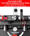 Close-up of Table Saw Miter Gauge with Micro Adjustable Flip Stop and Extendable Fence, detailed angle scale visible.