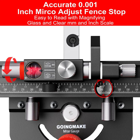 Close-up of Table Saw Miter Gauge with Micro Adjustable Flip Stop and Extendable Fence, detailed angle scale visible.