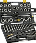 52-Piece Jumbo Metric Tap And Die Set For Internal And External Threading M6x0.75 To M24x3.0 in black plastic case with tools visible