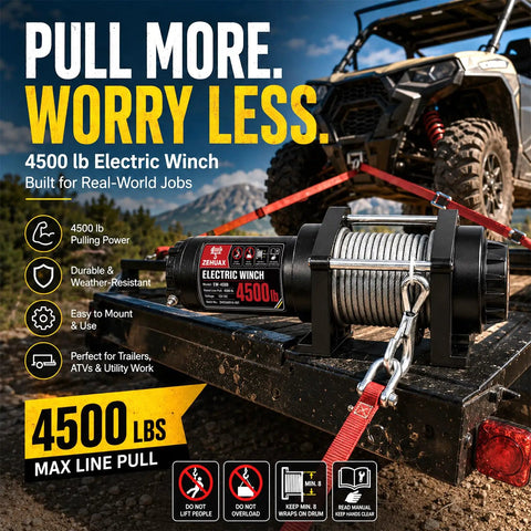 Heavy Duty Electric Winch With Steel Cable 4500 Lb Pulling Power For Atv Utv Trailer, 12V DC Motor Auto Brake Recovery Gear, shown mounted on a trailer.