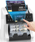 Money Counter Machine With Mixed Denomination And Bank Grade Cash Handling, 2CIS UV IR MG Detection, user interacting with screen