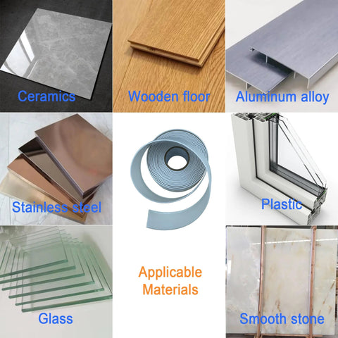 TOUSEA sealing caulk tape coil; light blue self-adhesive sealant with material swatches ceramics, wood, glass.