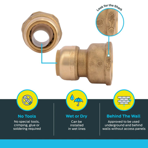 3/4 To 1 Inch FNPT Water Softener Adapter Brass Push To Connect Fitting For PEX Copper CPVC PE-RT HDPE Piping close-up