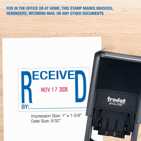 Self Inking Date Stamp Prints Bold Red Dates And Crisp Blue Text To Keep Office Files And Invoicing Totally Streamlined So You Never Have To Sweat Paperwork Again on desk with sample impression.