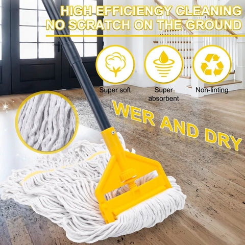 Commercial Heavy Duty Mop Pack Legit Tough On Grime Features 60 Inch Long Handle With Super Absorbent Cotton Loop End Design For Industrial Floor Cleaning And Busy Workspaces Straight Up Reliable cleaning hardwood floors with cotton mop head and stable handle.