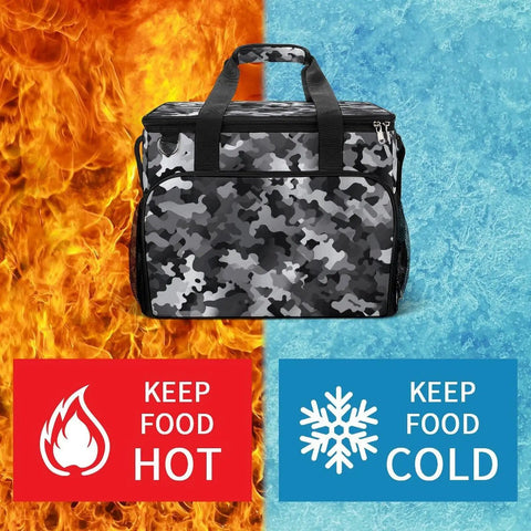 Picnic Backpack Cooler Bag With 30L Capacity Insulated Food And Drink Carrier in camouflage design, showing hot and cold signs