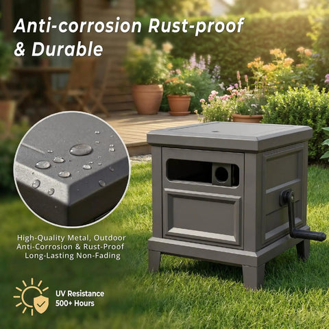 Heavy Duty Steel Garden Hose Reel Deck Box Holds 125 Ft Of 5/8 Inch Hose With Leak Proof Aluminum Water System Manual Crank Hose Guide Four Leg 200 Lb Stable Base No Mount Required Weatherproof And Rust Proof rust-proof and durable on grass with plants in background.