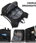 Black lightweight hydration backpack with 2L or 3L water bladder for cycling, hiking, rave and day trips, interior view and pockets.