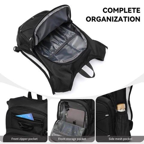 Black lightweight hydration backpack with 2L or 3L water bladder for cycling, hiking, rave and day trips, interior view and pockets.