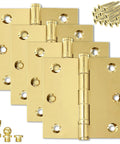 Beefy Heavy Duty Ball Bearing Solid Brass Door Hinge 3.5 x 3.5 Inches Polished Shiny Gold Finish With Decorative Screw On Tips