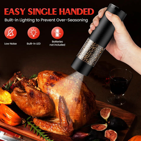 Electric Salt And Pepper Grinder Set Battery Powered With Led Light Adjustable Coarseness in use seasoning roast turkey