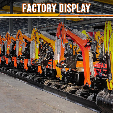Factory display of mini excavator rake attachment for 0.8 to 1.8 ton machines, showcasing various models and colors in a row.