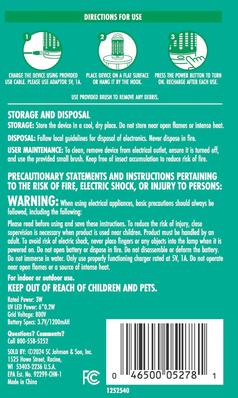 Directions and warnings for 360 Degree UV Bug Zapper For Indoor And Outdoor Use, including disposal and maintenance instructions