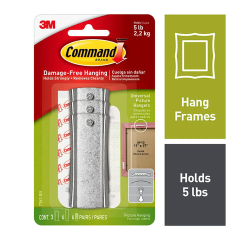 Large Universal Frame Hanger Set With 3 Hangers 6 Strips And 6 Frame Stabilizers For Damage Free Picture Hanging On Walls Doors And Closets 4 Pack Holds Up To 5 Lbs Per Hanger No Holes No Marks Easy To Use packaging