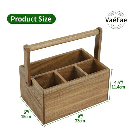 Acacia Wood Silverware Caddy With Handle, Multi Purpose Utensil Organizer For Kitchen, Office, Bathroom And Bedroom, Four Large Compartments