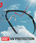 Top Shelf Anti Fog Safety Glasses Designed To Sit Easily Over Glasses With Scratch Proof Lenses Fully Adjustable Temples For Men And Women Providing Crystal Clear Vision And 100 Percent Uv Guard Without The Hassle Or Fog Wrecked Sight Lines showing the glasses in a clear sky background.