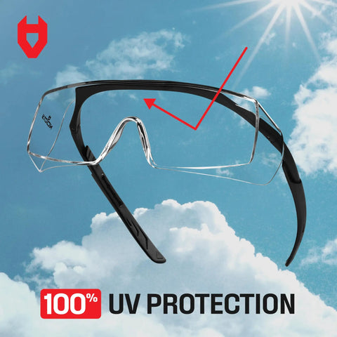 Top Shelf Anti Fog Safety Glasses Designed To Sit Easily Over Glasses With Scratch Proof Lenses Fully Adjustable Temples For Men And Women Providing Crystal Clear Vision And 100 Percent Uv Guard Without The Hassle Or Fog Wrecked Sight Lines showing the glasses in a clear sky background.
