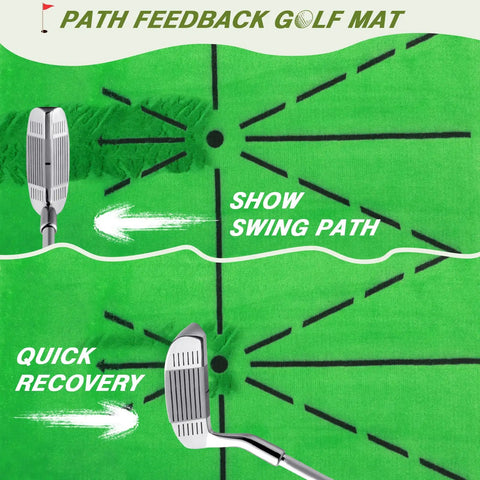 10x7Ft Golf Practice Net With Swing Mat For Backyard Driving And Indoor Training showing swing feedback lines on green mat