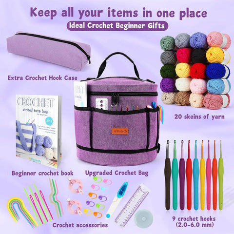 Ultimate Beginner Crochet Kit For Adults with 9 soft-handle hooks, 20 skeins yarn, crochet bag, book, and crochet accessories.