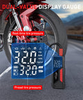 Portable Tire Inflator And Air Compressor For Cars Bikes Balls And Motorcycles Cordless 12V DC Car Adapter 150 PSI Max 34 Liters Per Minute Airflow Auto Shutoff Built In Pressure Gauge Fast Inflate On The Go showing digital pressure gauge next to motorcycle tire