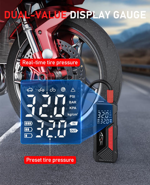 Portable Tire Inflator And Air Compressor For Cars Bikes Balls And Motorcycles Cordless 12V DC Car Adapter 150 PSI Max 34 Liters Per Minute Airflow Auto Shutoff Built In Pressure Gauge Fast Inflate On The Go showing digital pressure gauge next to motorcycle tire
