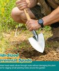 Gardener using a Perennial Spade Trowel 21.6 Inch Long With Sharp Stainless Steel Blade And Wooden Handle for digging