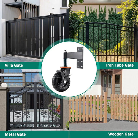 2 Pack Six Inch Gate Wheel With Brake Built Tough Heavy Duty Fence Wheel 360 Degree Swivel With Spring Shock Absorption, shown on various gates.