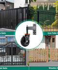 Beefy 6 Inch Gate Wheel With Brake for Sliding Farm Gates pictured with various gate types, showing metal bracket and rubber tire.