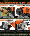 Features chart of Gas Powered 52cc 2 Stroke Beast Of A Brush Cutter with quick start, ABS shell, gearbox, and carburetor details.