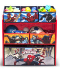 Kid Friendly Multi Bin Toy Organizer With Spider Man Graphics For Kids Ages 3 And Up Durable Wood And Fabric Storage Unit