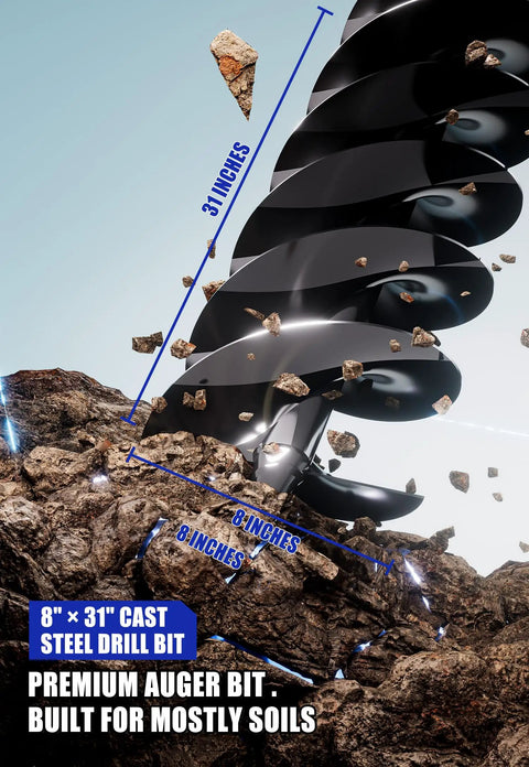 Close-up of 8" x 31" cast steel drill bit from 40V Brushless Cordless Earth Auger with 8 Inch Auger Bit for Fence Posts Battery and Charger Included Dig Holes Fast in the Yard with Multiple Speeds and Reverse to Make Post Holes A Breeze, surrounded by rocky soil.