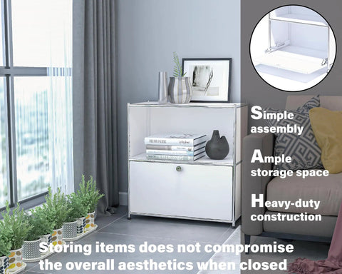 32.5 Inch Flip Top Side Table With Wheels Versatile Storage Buffet Cabinet in modern white, shown in a living room setting