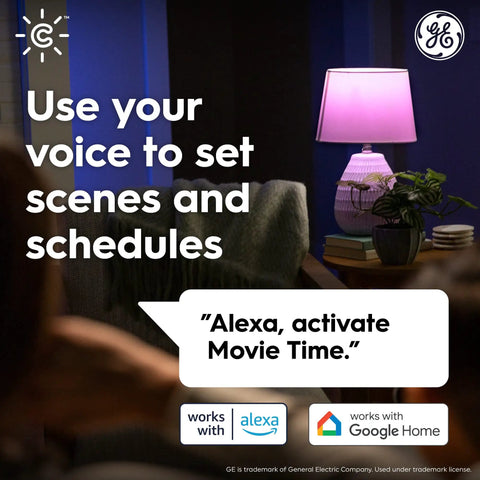 Living room with Color Changing Smart LED Bulbs A19, voice command to Alexa for movie time, purple lamp shade.