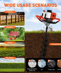 Image of Gas Powered 52cc Earth Auger Post Hole Digger with 12 Inch Extension, displaying usage scenarios for fences, gardens, farms.