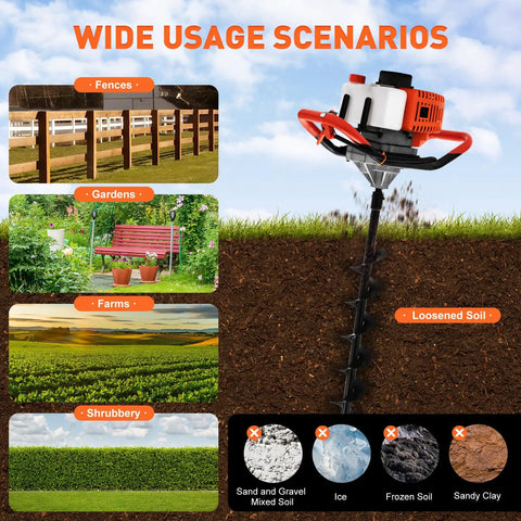 Image of Gas Powered 52cc Earth Auger Post Hole Digger with 12 Inch Extension, displaying usage scenarios for fences, gardens, farms.