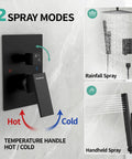 SR SUN RISE 12 Inch Ceiling Mount Shower System, Matte Black, showcasing faucet with temperature control and spray modes.