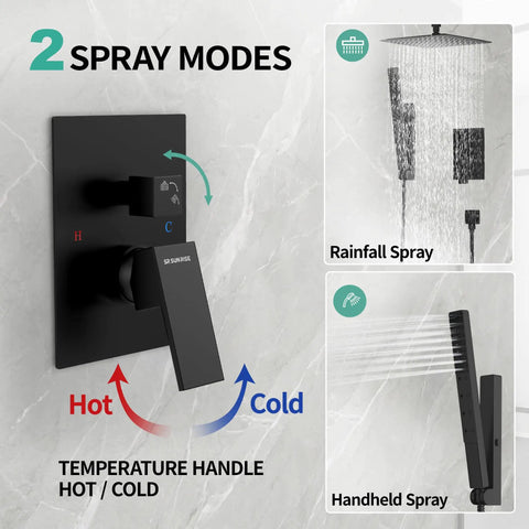 SR SUN RISE 12 Inch Ceiling Mount Shower System, Matte Black, showcasing faucet with temperature control and spray modes.