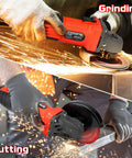 Red 4-1/2-inch angle grinder with guard cutting metal; sparks fly, corded tool