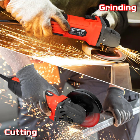 Red 4-1/2-inch angle grinder with guard cutting metal; sparks fly, corded tool