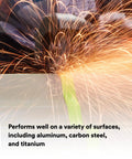 Green Corps Pro Grade Reinforced Weld Grinding Wheel 3 In Diameter, 0.22 In Thick, 3/8 In Arbor, 5 Pack, in use creating sparks