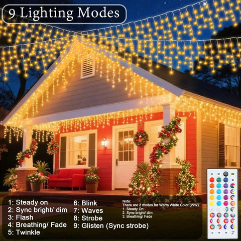 Color Changing Icicle Lights With Remote, 35 Color Modes, 300 LED 48Ft RGB Waterproof Hanging String Lights on house