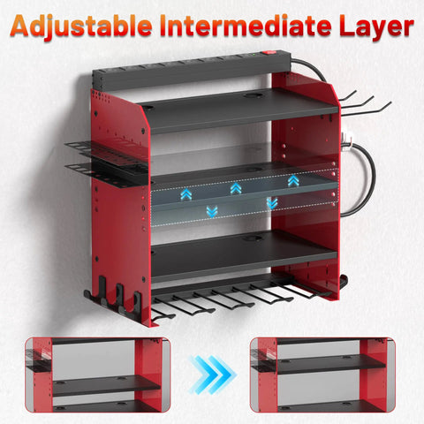 Cordless Tool Holder Wall Mount With Charging Station For Garage Or Workshop, red heavy duty tool organizer shelf with adjustable layers