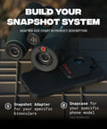 Magnetic Bino Adapter For Smartphone Digiscoping With Snapcase Compatibility Instantly Connects To High End Binoculars For Huntin And Wildlife Photography Compatible With Leupold Swarovski Vortex Zeiss Victory showing adapter and phone case on table.
