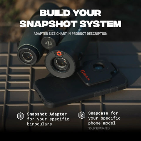 Magnetic Bino Adapter For Smartphone Digiscoping With Snapcase Compatibility Instantly Connects To High End Binoculars For Huntin And Wildlife Photography Compatible With Leupold Swarovski Vortex Zeiss Victory showing adapter and phone case on table.