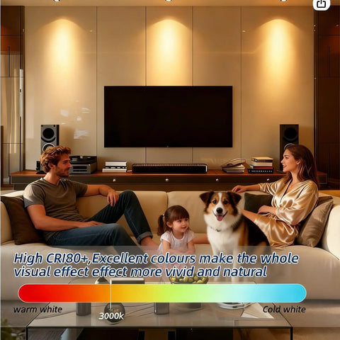 Family enjoying warm lighting in living room with Smoother Than Butter Dimming Mr 16 Led Bulbs 12V And 36V Low Voltage GU5.3 Base 3000K Warm White 12 Pack.